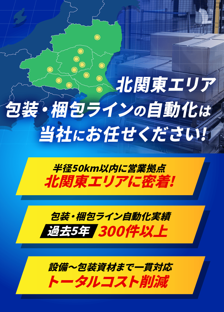 北関東エリア包装・梱包ラインの自動化は当社にお任せください![半径50km以内に営業拠点： 北関東エリアに密着!／包装・梱包ライン自動化実績：過去5年 300件以上／  設備〜包装資材まで一貫対応：トータルコスト削減]